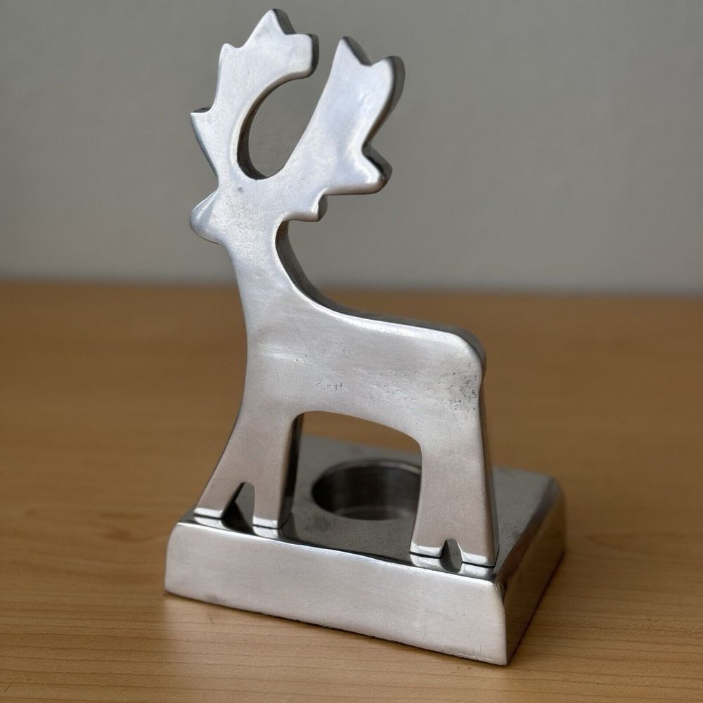 Crate & Barrel Christmas Reindeer Tealight‎ Candle Holder Heavy Silver Tone